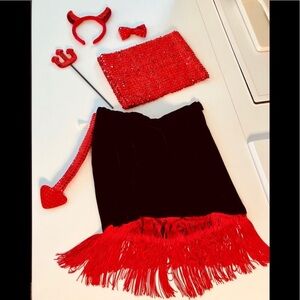 Mardi Gras Red Devil sequins & Black velvet red fringed mini skirt tube top sz S